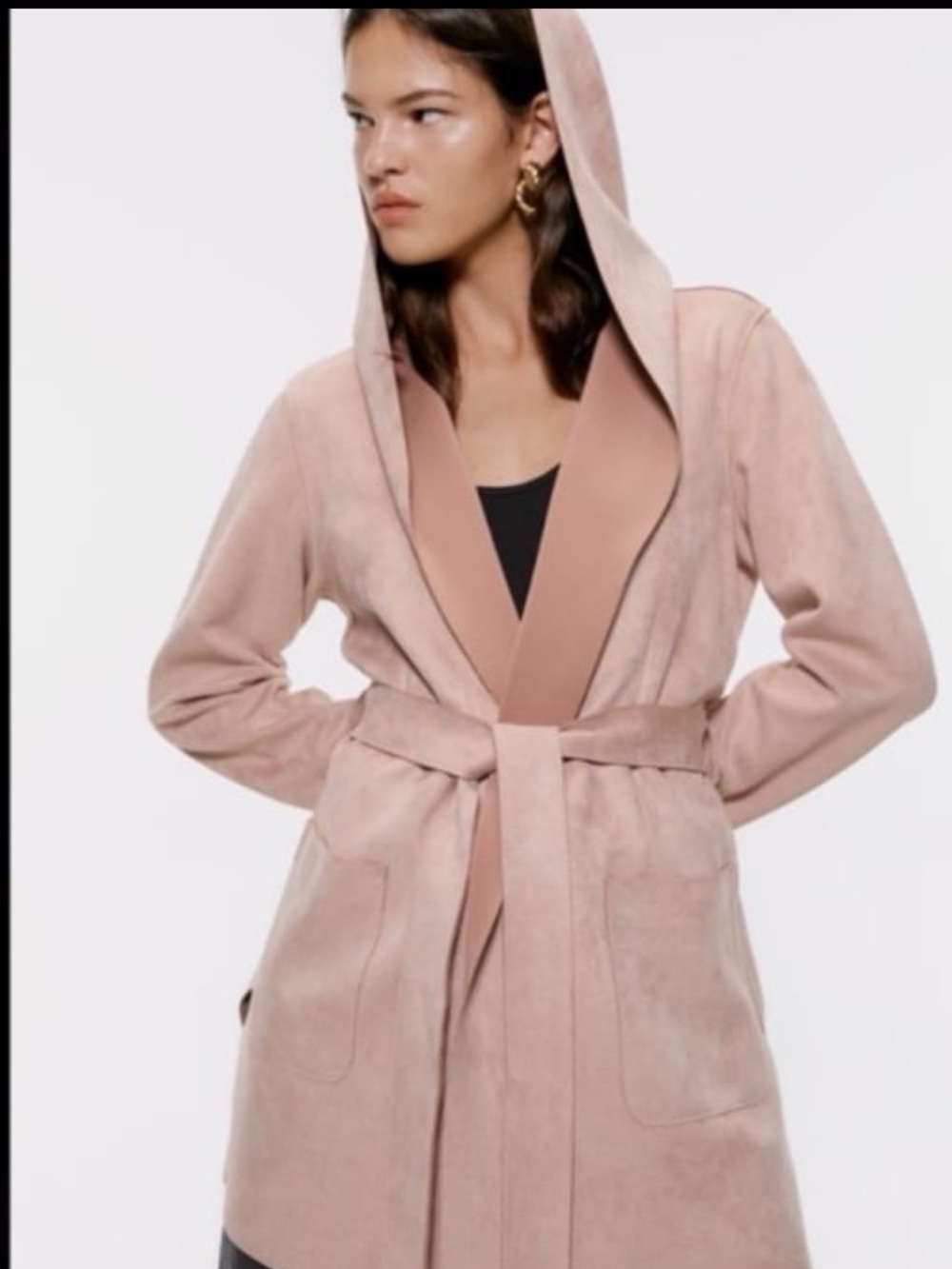 Zara Jacket  Pink Hooded Faux Suede Open Front Belted Pockets Size Large
